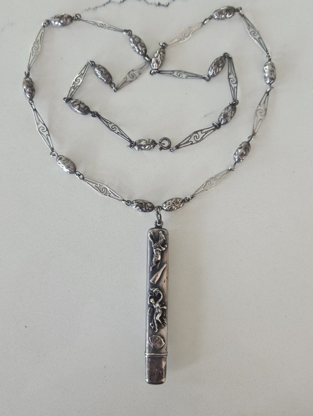 Antique Victorian Sterling Repousse Pencil Pendant Unique 24" Chain Necklace - Picture 2 of 12